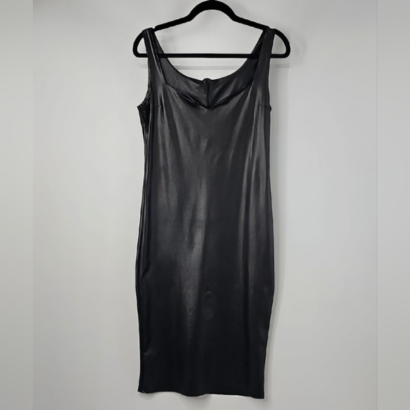 Black Leather-look Fitted Bodycon Grunge Dress Back Slit Stretchy Sexy Vamp Sz:L - Picture 8 of 9